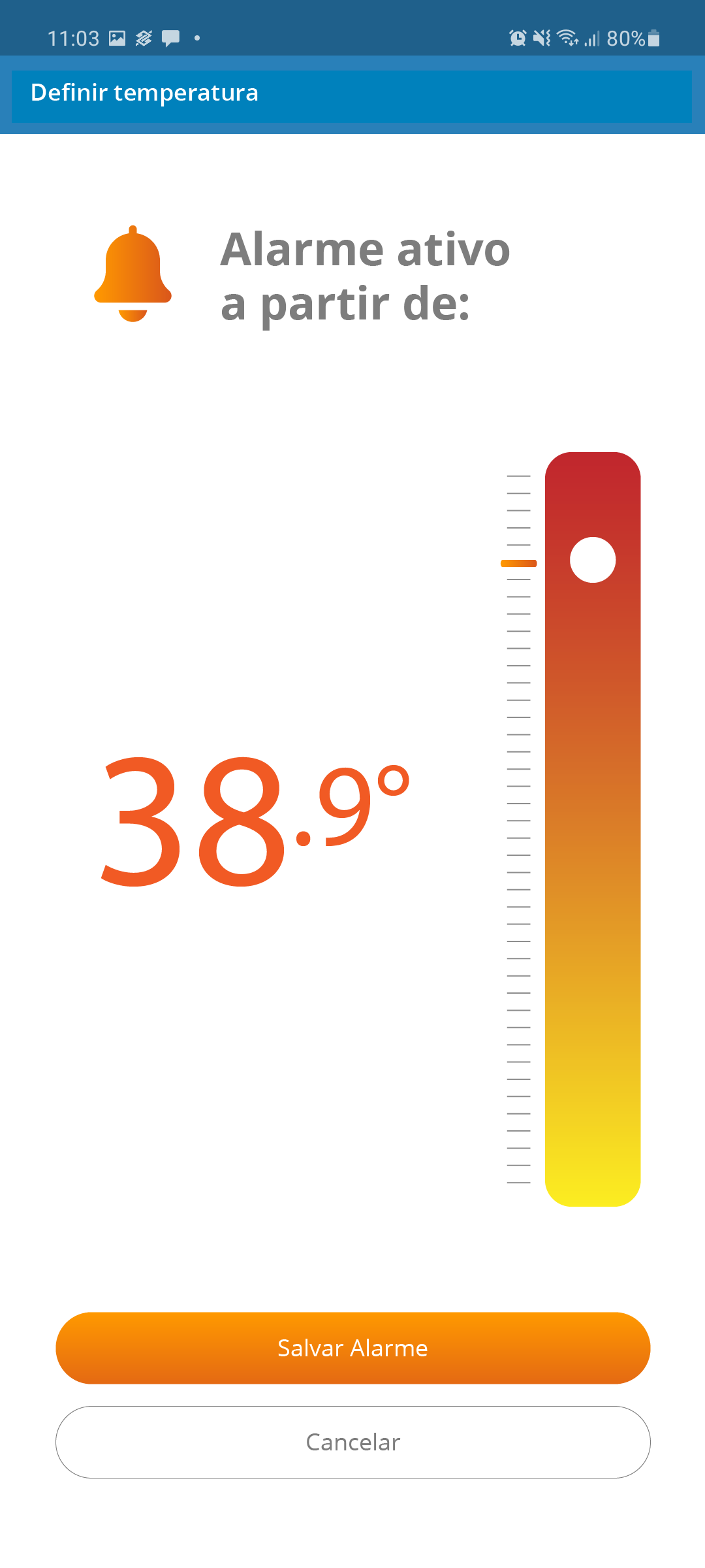 Tela do aplicativo IoTherm — configuração do alarme de temperatura.